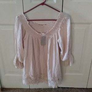 Flowy beige top with stretchy neckline